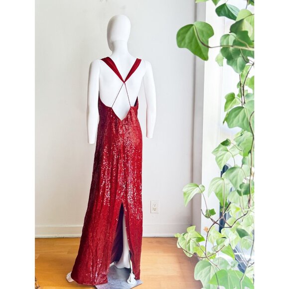 Joseph Ribkoff Gala Red Dequion Low Plunge Open Back Bia Cut Gown M - Picture 9 of 12